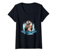 Women's Otter Coffee Lover Cozy River Wildlife Morning Artwork V-Neck T-Shirt