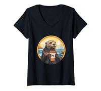 Women's Otter Coffee Lover Cozy River Wildlife Morning Artwork V-Neck T-Shirt