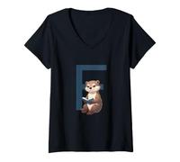 Women's Otter Reading Book Letter F V-Neck T-Shirt