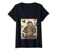 Women's Otter Samurai Katana Warrior Japanese Ukiyo-e Art V-Neck T-Shirt
