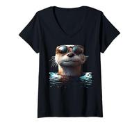 Womens Otter with Sunglasses I Love Sea Otter Marten Cute Otter V-Neck T-Shirt