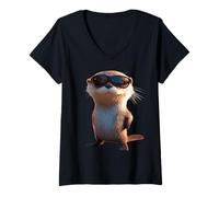 Womens Otter with Sunglasses I Love Sea Otter Marten Cute Otter V-Neck T-Shirt