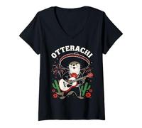 Women's Otterachi, Otter Mariachi Playing Guitar Cinco de Mayo V-Neck T-Shirt