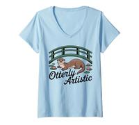 Women's Otterly Artistic Cute Animal Bridge Lily Pad Pun V-Neck T-Shirt