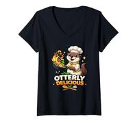 Women's Otterly Delicious Funny Otter Chef Cooking Graphic V-Neck T-Shirt
