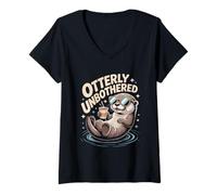 Women's Otterly Unbothered Cute Relaxed Otter Coffee V-Neck T-Shirt