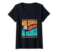 Womens Our Father Who Art in Heaven Fun God Retro Font Jesus Love V-Neck T-Shirt