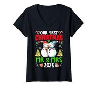 Womens Our First Christmas as Mr & Mrs 2025 Couple Matching Pajamas V-Neck T-Shirt