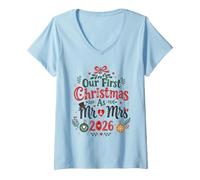 Women's Our First Christmas As Mr & Mrs 2026 Newlywed Couple V-Neck T-Shirt