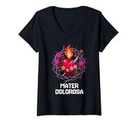 Womens Our Lady Seven Sorrows Immaculate Heart Latin Design V-Neck T-Shirt