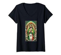 Womens Our Lady Virgen De Guadalupe with Mexican Flag V-Neck T-Shirt