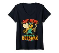 Women's Out Here Minding My Beeswax Bee Hive Beekeeper Humor V-Neck T-Shirt