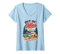 Women's Out of Office Labor Day Weekend Retro Camping Road Trip V-Neck T-Shirt