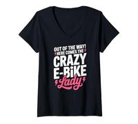Women's Out of The Way Here Comes The Crazy E Bike Lady Cycling V-Neck T-Shirt
