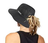 Women's Outdoor UV-Protection-Foldable Sun-Hats Mesh Wide-Brim Beach Fishing Hat with Ponytail-Hole, Black, One Size