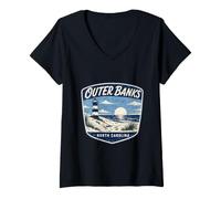 Women's Outer Banks North Carolina Lighthouse Beach Ocean Sunset V-Neck T-Shirt