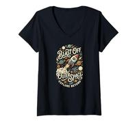 Women's Outer Space Rocket to the Moon Astronomy Planets Stars V-Neck T-Shirt