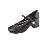 Women's Outer Wear Mary Jane Weaving Single Shoes Temperament Chunky Heel Without Tired Feet,Black,4.5 UK