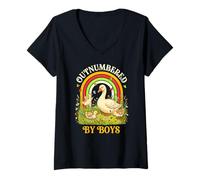 Women's Outnumbered By Boys Retro Rainbow Mama Goose V-Neck T-Shirt