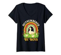 Women's Outnumbered By Boys Retro Rainbow Mama Goose V-Neck T-Shirt