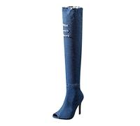 Womens Over Knee High Boot Size 5 Thigh High Boot Long Tall Stretch Peep Toe Over The Knee Boots Stiletto Heel Jeans Long Boot Denim Over The Knee Boots Shoe Ladies Office Boots Light Blue
