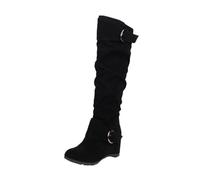 Women's Over Knee High Boots Warm Winter Long Boot Ladies Fashion Solid Suede Belt Buckle Decoration Elevated Wedge Heel Long Boots Winter Boots for Women Long Heel (Black, 5.5)