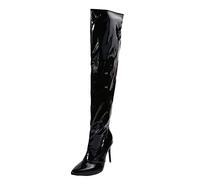 Women's Over-the-Knee Boots in Black Glossy PU with Slim High Heel | Tall, close-fitting shaft reaches above the knee, with a narrow heel and reflective, softly crinkled surface visible along