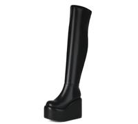 Womens Over The Knee Boots, Platform Wedge High Heel Round Toe Zip Tight High Boots, Gothic Punk Motorcycle Combat Boots,Black,38