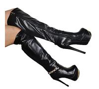 Women's Over The Knee Boots,Thigh High Boots Iron Chain Round Head Slim High Heel Waterproof Platform Rubber Sole Fashion Leather Paint,Black-39