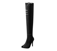 Women's Over-the-Knee Denim Boots, Peep Toe, Distressed Black, High Heel Boots Jeans Fashion Autumn Womens Spring (Black, 6)