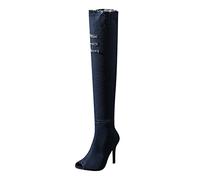 Women's Over-the-Knee Denim Boots, Peep Toe, Distressed Black, High Heel Jeans Fashion Autumn Spring u2