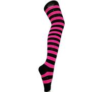 Womens Over The Knee Socks Plain & Striped Footless Adults Stretchy OTK Socks Neon Pink/Black Stripe 4-6.5 (1 Pairs)