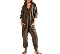 Women's Overall Cozy Oversized Jumpsuit Long Sleeve Loose V-Neck House Suit Onesie Pyjama Set Loose Nightdresses Casual One-Piece Playsuit Romper Leisure Suit Lightweight Suit, coffee, L