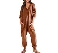 Women's Overall Cozy Oversized Jumpsuit Long Sleeve Loose V-Neck House Suit Onesie Pyjama Set Loose Nightdresses Casual One-Piece Playsuit Romper Leisure Suit Lightweight Suit, red, L