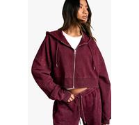 Womens Overdyed Boxy Crop Zip Through Hoodie - Red - L, Red