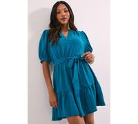 Womens Overhead Belted Puff Sleeve Mini Dress Teal 12