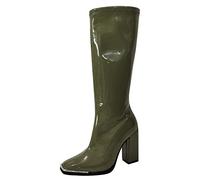 Women's Overknee Boots, Ankle Boots, Patent Leather, Biker Boots with High Heel, Pure Colour Square Heel, Riding Boots, Women's Casual Smart Party Shoes, Boots, High Quality, Green, 5 UK
