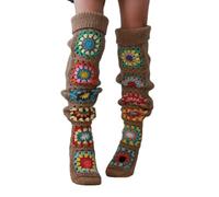 Women's Overknee Stockings in Crochet Look 'Granny Squares' - Long, Colourful Knee Socks in Boho Style, Knitted Leg Warmers for an Individual Look, style_b03 brown, One Size