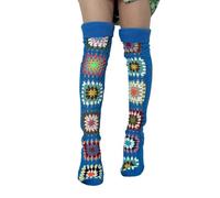 Women's Overknee Stockings in Crochet Look 'Granny Squares' - Long, Colourful Knee Socks in Boho Style, Knitted Leg Warmers for an Individual Look, style_b02 blue, One Size