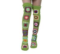 Women's Overknee Stockings in Crochet Look 'Granny Squares' - Long, Colourful Knee Socks in Boho Style, Knitted Leg Warmers for an Individual Look, Style_b05 Green, One Size