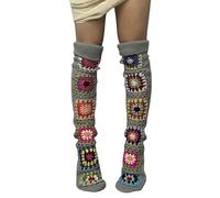 Women's Overknee Stockings in Crochet Look 'Granny Squares' - Long, Colourful Knee Socks in Boho Style, Knitted Leg Warmers for an Individual Look, Style_b06 Gray, One Size