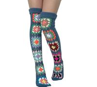 Women's Overknee Stockings in Crochet Look 'Granny Squares' - Long, Colourful Knee Socks in Boho Style, Knitted Leg Warmers for an Individual Look, style_b04 blue, One Size