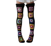 Women's Overknee Stockings in Crochet Look 'Granny Squares' - Long, Colourful Knee Socks in Boho Style, Knitted Leg Warmers for an Individual Look, style_b01 black, One Size
