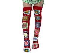 Women's Overknee Stockings in Crochet Look 'Granny Squares' - Long, Colourful Knee Socks in Boho Style, Knitted Leg Warmers for an Individual Look, style_b07 red, One Size
