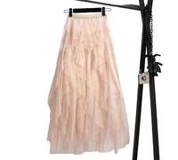 Womens Overlay Layered Tulle Skirt Elastic High Waisted A-Line Midi Skirts Mesh Chiffon Pleated Dress with Flower Decoration (UK, Alpha, S, M, Regular, Regular, Nude/Gold)