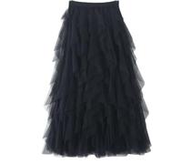Womens Overlay Layered Tulle Skirt Elastic High Waisted A-Line Midi Skirts Mesh Chiffon Pleated Dress with Flower Decoration (UK, Alpha, S, M, Regular, Regular, Black)