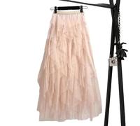 Womens Overlay Layered Tulle Skirt Elastic High Waisted A-Line Midi Skirts Mesh Chiffon Pleated Dress with Flower Decoration (UK, Alpha, M, L, Regular, Regular, Nude/Gold)