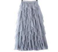 Womens Overlay Layered Tulle Skirt Elastic High Waisted A-Line Midi Skirts Mesh Chiffon Pleated Dress with Flower Decoration (UK, Alpha, S, M, Regular, Regular, Grey)