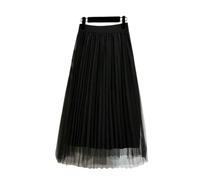 Womens Overlay Layered Tulle Skirt Elastic High Waisted A-Line Midi Skirts Mesh Pleated Dress (S/M, Black)
