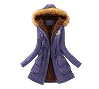 Women's Oversize Vintage Fleece Winter Jacket With Hood - Long, Very Warm Lined Coat - Elegant Autumn Mountain Parka - Large Size, Navy, XL